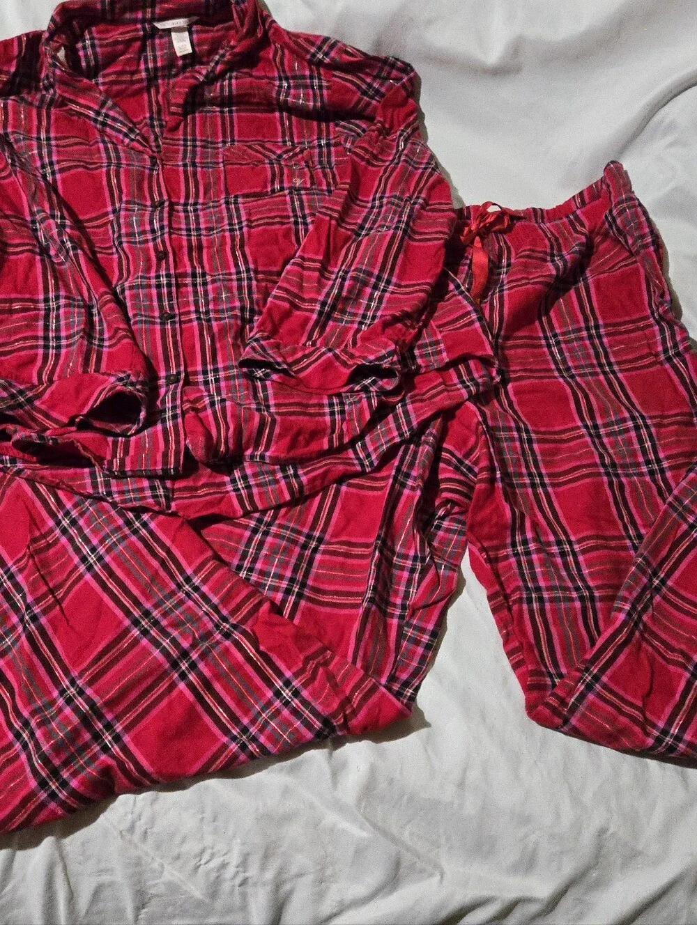 Victoria's Secret Red Plaid Flannel Pajama Set Size XL Long Cozy Christmas